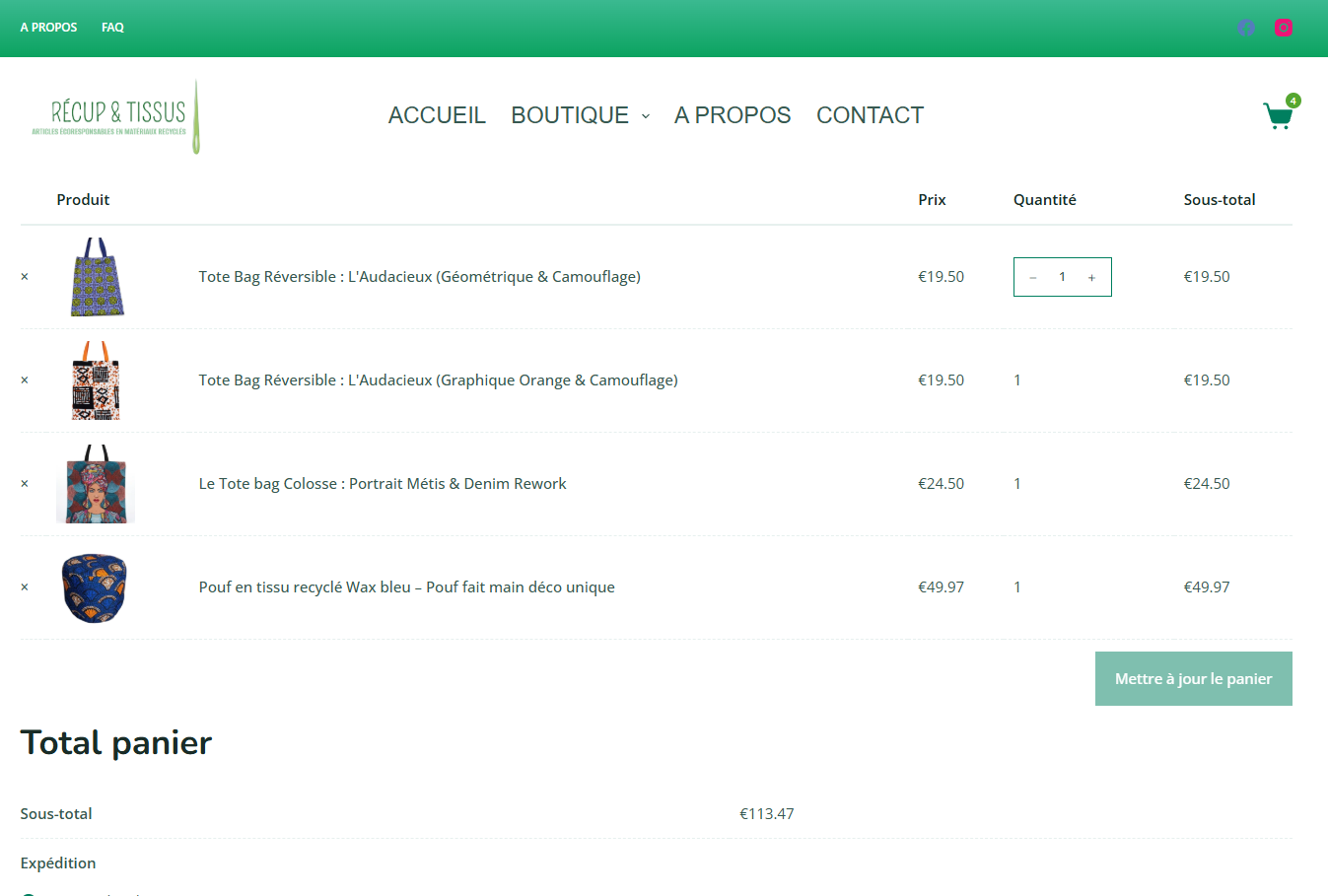 Page panier d’un site e-commerce avec processus d’achat simplifié