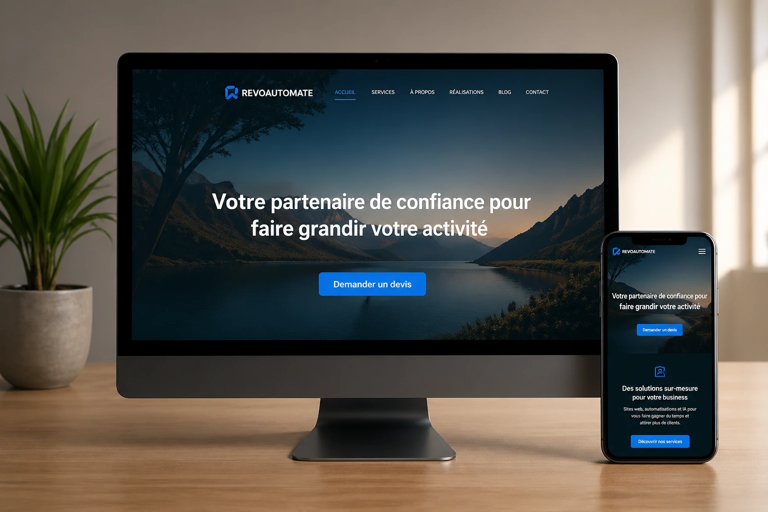 Site web professionnel affiché sur ordinateur et mobile pour générer des clients en ligne