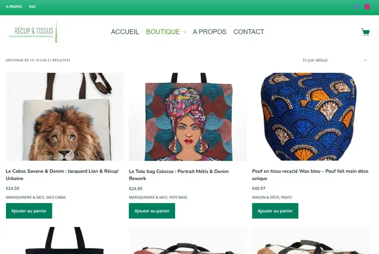 Boutique en ligne créée pour Récup & Tissus, articles écoresponsables