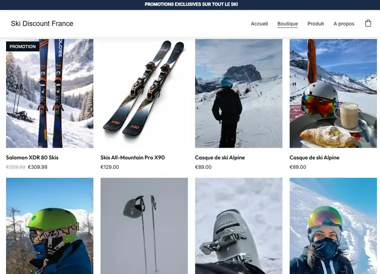 Boutique en ligne créée pour Ski Discount France, équipement de ski